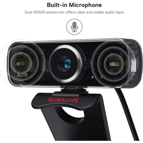 Redragon GW600 720P Webcam with Built-in Dual Microphone, 360-Degree Rotation - 2.0 USB Skype Computer Web Camera