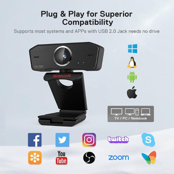 Redragon GW800 1080P PC Webcam with Built-in Dual Microphone, 360° Rotation - 2.0 USB Computer Web Camera - 30 FPS for Online Courses, Video Conferencing and Streaming