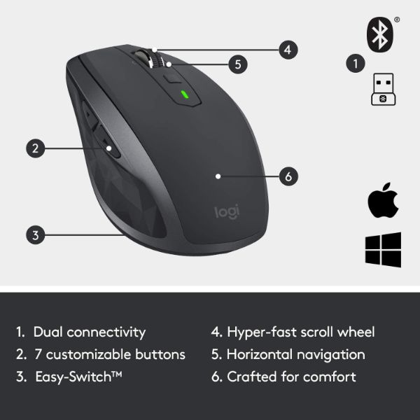 Logitech MX Anywhere 2S Wireless Mouse – Use On Any Surface, Hyper-Fast Scrolling, Rechargeable, Control Up to 3 Apple Mac and Windows Computers and Laptops (Bluetooth or USB), Graphite