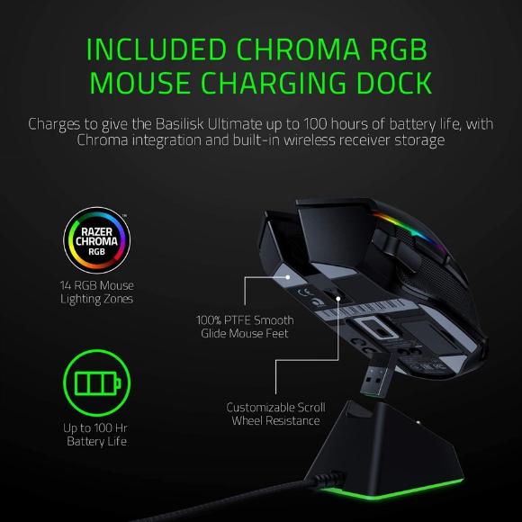 Razer Basilisk Ultimate with Charging Dock Wireless Gaming Mouse with 11 Programmable Buttons RZ01-03170100-R3A1