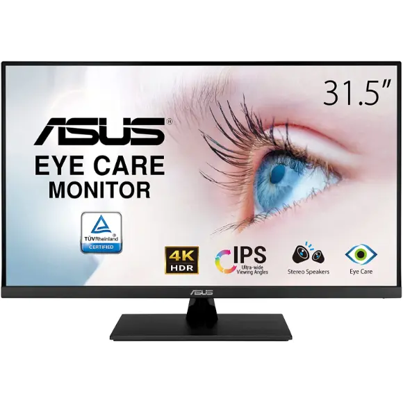 ASUS VP32UQ 31.5” 4K HDR Monitor - UHD (3840 x 2160), IPS, 100% sRGB, HDR10, Speakers, Adaptive-Sync/FreeSync, Low Blue Light, Eye Care, VESA Mountable, Frameless, DisplayPort, HDMI, Tilt