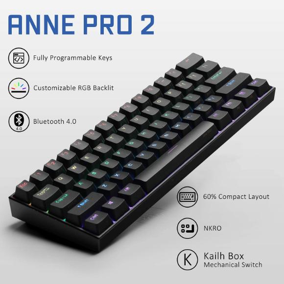 ANNE PRO 2, 60% Wired/Wireless Mechanical Keyboard (Gateron Red Switch/Black Case) - Full Keys Programmable - True RGB Backlit - Tap Arrow Keys - Double Shot PBT Keycaps - NKRO - 1900mAh Battery