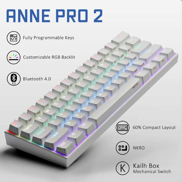 ANNE PRO 2, 60% Wired/Wireless Mechanical Keyboard (Gateron Red Switch/White Case) - Full Keys Programmable - True RGB Backlit - Tap Arrow Keys - Double Shot PBT Keycaps - 1900mAh Battery