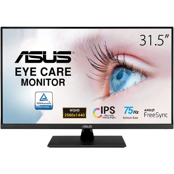 ASUS 31.5” 2K Monitor (VP32AQ) - WQHD (2560 x 1440), IPS, 100% sRGB, HDR10, 75Hz, Speakers, Adaptive-Sync/FreeSync, Low Blue Light, Eye Care, VESA Mountable, Frameless, DisplayPort, HDMI, Tilt