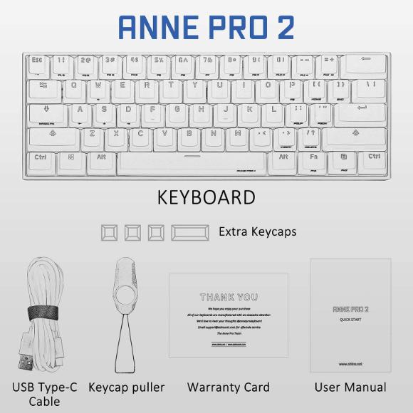 ANNE PRO 2, 60% Wired/Wireless Mechanical Keyboard (Gateron Red Switch/White Case) - Full Keys Programmable - True RGB Backlit - Tap Arrow Keys - Double Shot PBT Keycaps - 1900mAh Battery
