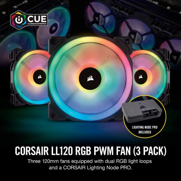 Corsair LL Series LL120 RGB 120mm Dual Light Loop RGB LED PWM Fan 3 Fan Pack with Lighting Node Pro