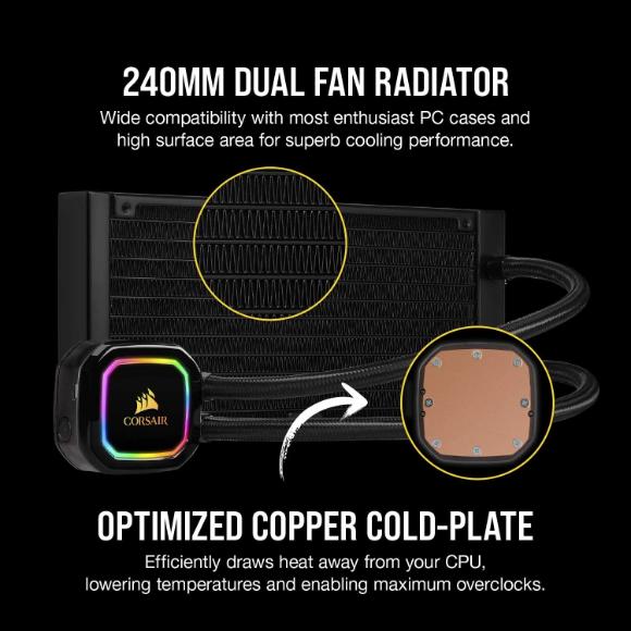 Corsair iCUE H100i RGB Pro XT, 240mm Radiator, Dual 120mm PWM Fans, Software Control, Liquid CPU Cooler