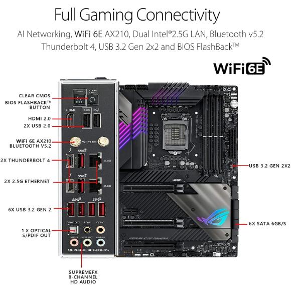 ROG Maximus XIII Hero (WiFi 6E) Z590 LGA 1200(Intel11th/10th Gen) ATX Gaming Motherboard (PCIe 4.0, 14+2 Power Stages, DDR4 5333+, Dual 2.5Gb LAN,Thunderbolt 4 onboard, 4X M.2/NVMe SSD, Aura RGB)