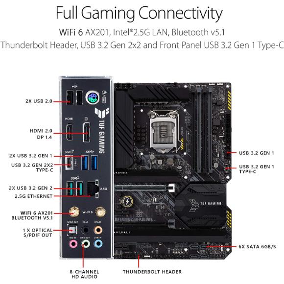 ASUS TUF Gaming Z590-Plus WiFi 6 LGA 1200 (Intel 11th/10th Gen) ATX Gaming Motherboard (PCIe 4.0, 3xM.2/NVMe SSD, 14+2 Power Stages, USB 3.2 Front Panel Type-C,2.5Gb LAN, Thunderbolt 4, Aura RGB)