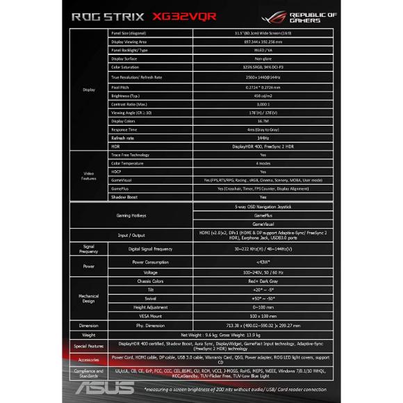 ASUS ROG STRIX Curved XG32VQR, 32 Inch (31.5 Inch) WQHD (2560 x 1440), VA, Up to 144 Hz, 125% sRGB, DP, HDMI, DisplayHDR 400, FreeSync 2 HDR, AuraSync, black