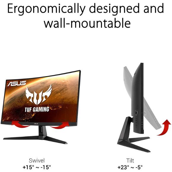 ASUS TUF Gaming 27" 2K HDR Curved Monitor (VG27WQ1B) - WQHD (2560 x 1440), 165Hz (Supports 144Hz), 1ms, Extreme Low Motion Blur, Speaker, FreeSync Premium, VESA Mountable, DisplayPort, HDMI , BLACK