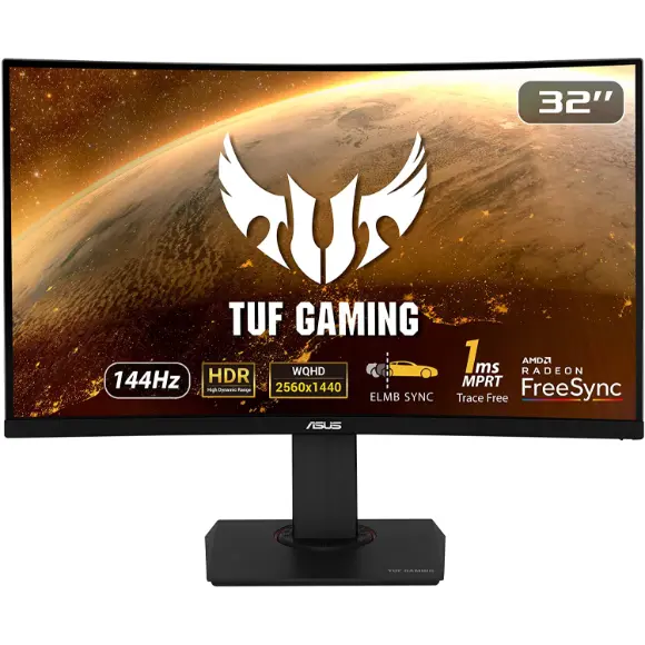 ASUS TUF Gaming VG32VQ 32" 1440P HDR Curved Monitor - QHD (2560 x 1440), 144Hz, 1ms, Extreme Low Motion Blur, Speaker, Adaptive-Sync, FreeSync Premium, VESA Mountable, DisplayPort, HDMI