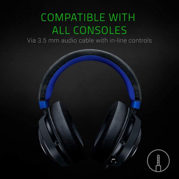 Razer Kraken Gaming Headset: Lightweight Aluminum Frame - Retractable Noise Isolating Microphone - For PC, PS4, PS5, Switch, Xbox One, Xbox Series X & S, Mobile - 3.5 mm Headphone Jack - Black/Blue
