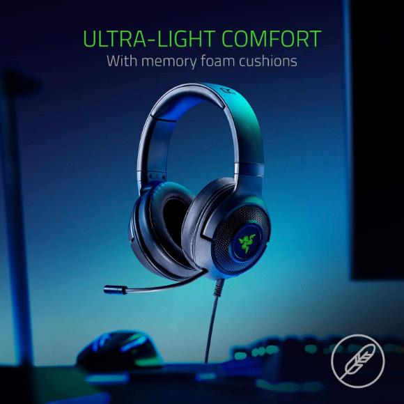 Razer Kraken X USB Ultralight Gaming Headset: 7.1 Surround Sound - Lightweight Frame - Green Logo Lighting - Integrated Audio Controls - Bendable Cardioid Microphone - For PC - Classic Black