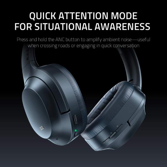 Razer Opus Active Noise Cancelling ANC Wireless Headphones: THX Audio Tuning - 25 Hr Battery - Bluetooth & 3.5mm Jack Compatible - Auto Play/Auto Pause - Carrying Case Included - Midnight Blue
