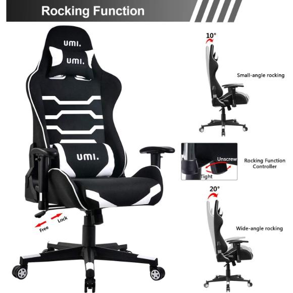 Umi. - Gaming Chair Office Computer Chair Ergonomic Reclining Swivel Rocker High Back Chair with Adjustable headrest and Lumbar Support (White) [Energy Class A+++]