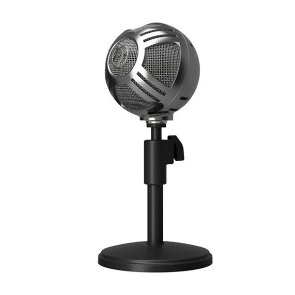 AROZZI SFERA CHROME MICROPHONE - BLACK, USB CABLE & CABLE CLIP 3.5MM HEADPHONE JACK, ADJUSTABLE STAND