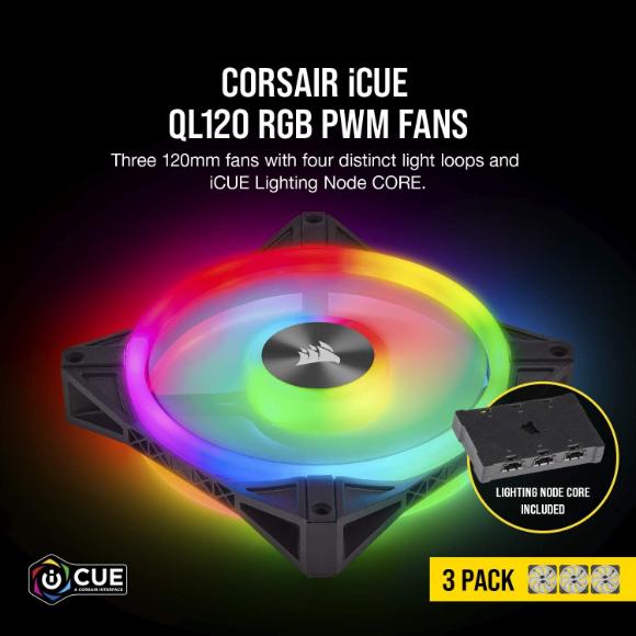 Corsair QL Series, QL120 RGB, 120mm RGB LED Fan, Triple Pack with Lighting Node Core