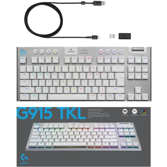 Logitech G915 TKL Tenkeyless LIGHTSPEED Wireless RGB Mechanical Gaming Keyboard - Tactile Switch (White)