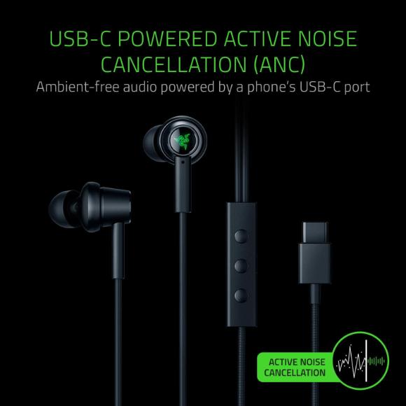 Razer Hammerhead USB-C Active Noise Cancellation (ANC) Earbuds: DAC - Custom-Tuned Dual-Driver Technology - in-Line Mic & Volume Control - Aluminum Frame - Braided Cable - Matte Black